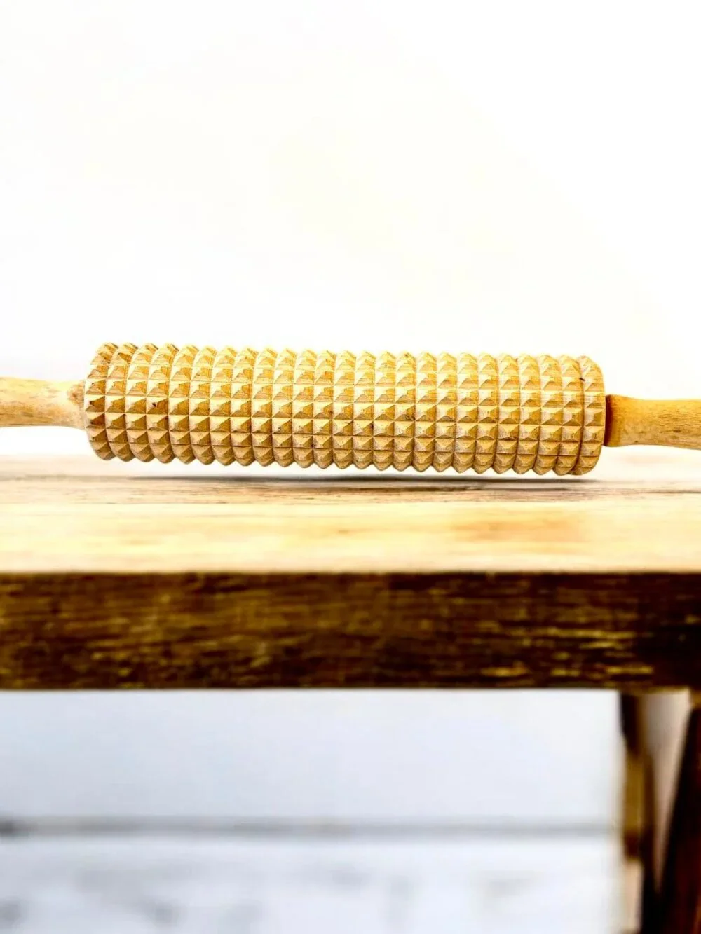 Rolling Pin Vtg Wood Sweden Notched Cutter Grooved Grid Crackers Lefse or Pasta